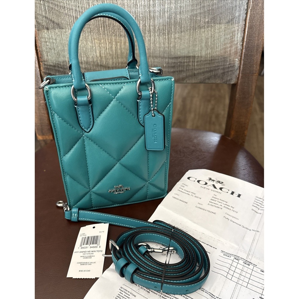 COACH Puffy Diamond NS Mini Tote 2-Way Shoulder Bag Teal.